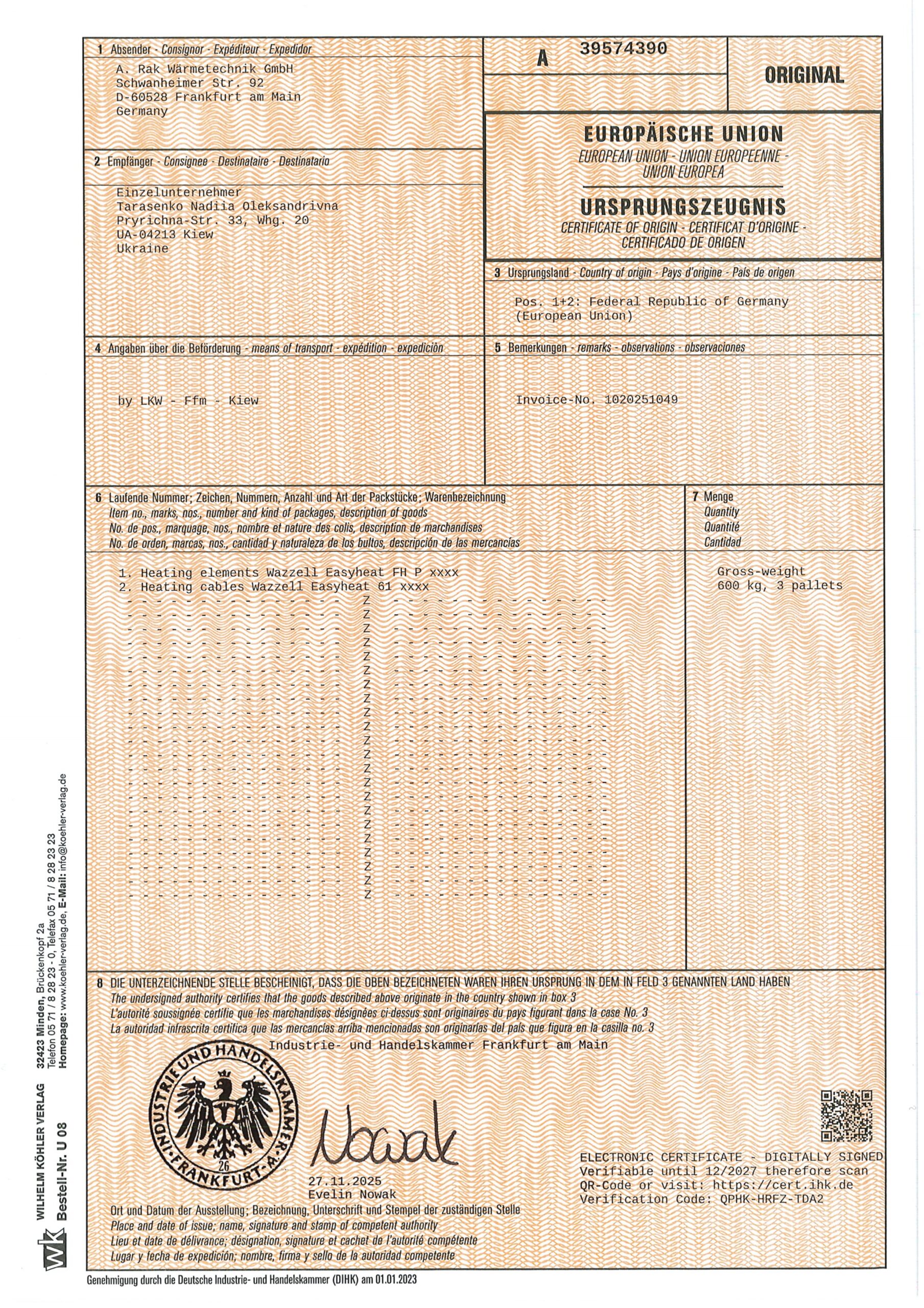 certificat of origen Wazzell